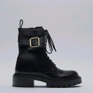 Zara Low Heeled Leather Ankle Boots with Buckle Sz 9